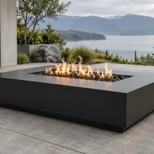Matte black wide rectangular steel fire pit table for lounge seating - TrussMetal Sapphire 16