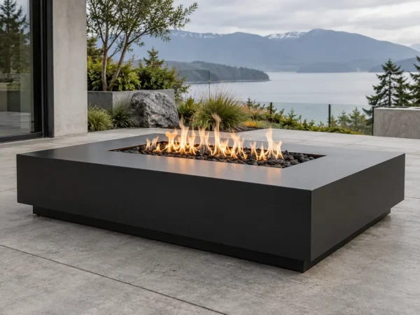 Sapphire 16 Wide Lounge Fire Pit Table Matte black wide rectangular steel fire pit table for lounge seating - TrussMetal Sapphire 16