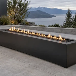 Matte black slim console steel fire pit on a narrow terrace - TrussMetal Sapphire 17
