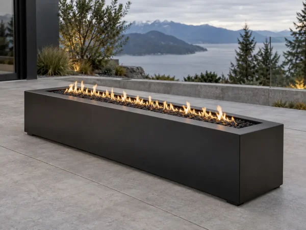 Sapphire 17 Slim Console Fire Pit Matte black slim console steel fire pit on a narrow terrace - TrussMetal Sapphire 17