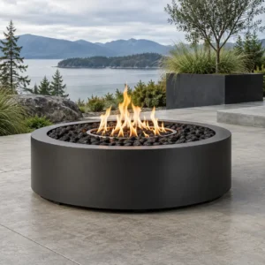 Matte black low round steel drum fire pit on a patio - TrussMetal Sapphire 18