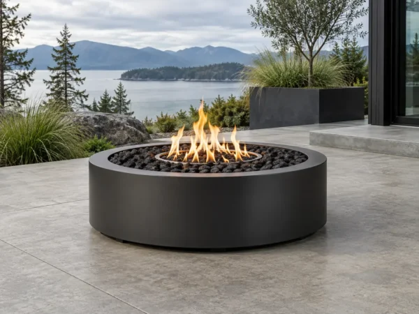 Sapphire 18 Round Low Fire Pit Matte black low round steel drum fire pit on a patio - TrussMetal Sapphire 18
