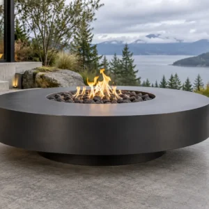 Matte black round steel fire pit with a floating recessed base - TrussMetal Sapphire 20
