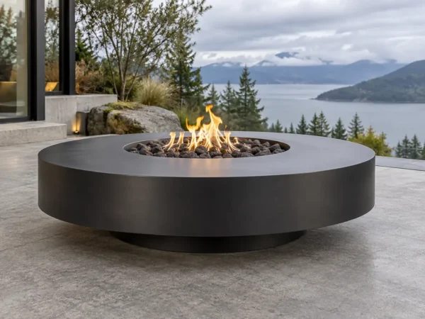 Sapphire 20 Round Floating Fire Pit Matte black round steel fire pit with a floating recessed base - TrussMetal Sapphire 20