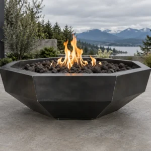 Sapphire 23 Faceted Fire Bowl Blackened steel faceted fire bowl with a geometric cut-gem form - TrussMetal Sapphire 23