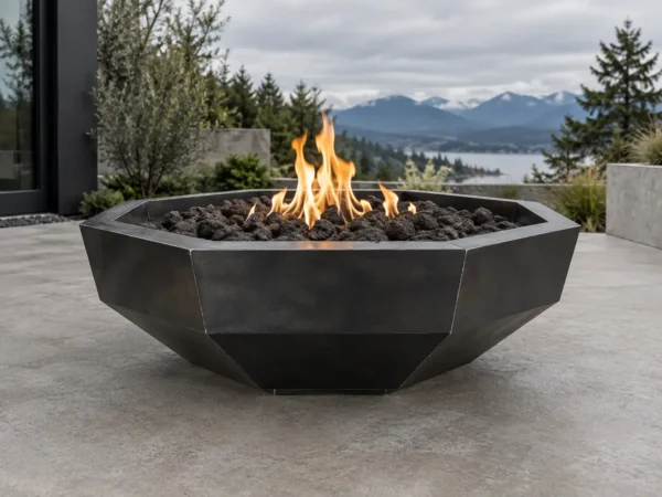 Blackened steel faceted fire bowl with a geometric cut-gem form - TrussMetal Sapphire 23
