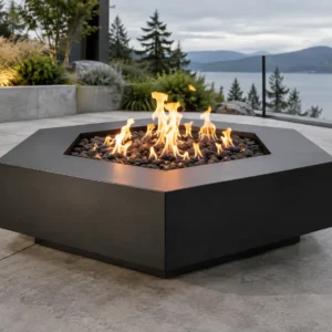 Matte black hexagonal steel fire pit table on a patio - TrussMetal Sapphire 24