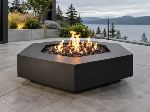 Matte black hexagonal steel fire pit table on a patio - TrussMetal Sapphire 24