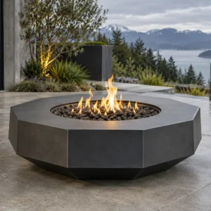 Sapphire 25 Octagonal Fire Pit Matte black octagonal steel fire pit table on a terrace - TrussMetal Sapphire 25