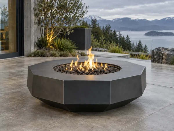 Sapphire 25 Octagonal Fire Pit Matte black octagonal steel fire pit table on a terrace - TrussMetal Sapphire 25