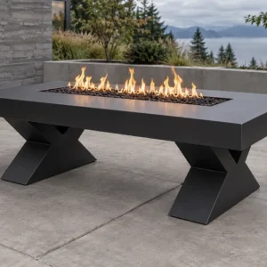 Sapphire 27 X-Base Fire Pit Table Matte black rectangular steel fire pit table on sculptural X-legs - TrussMetal Sapphire 27