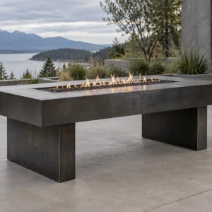 Sapphire 28 Architectural Bench-Leg Fire Pit Blackened steel rectangular fire pit table on architectural bench legs - TrussMetal Sapphire 28