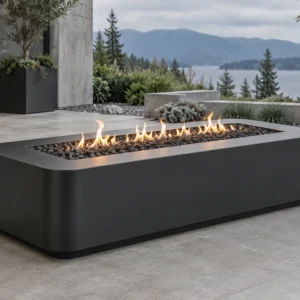 Sapphire 29 Curved-End Fire Pit Table Matte black rectangular steel fire pit table with curved ends - TrussMetal Sapphire 29