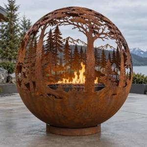 Sapphire 33 Forest Fire Sphere Corten steel fire sphere with a laser-cut forest scene glowing from within - TrussMetal Sapphire 33