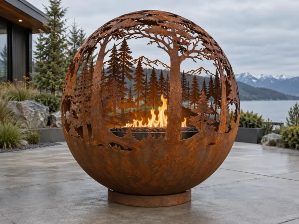 Sapphire 33 Forest Fire Sphere Corten steel fire sphere with a laser-cut forest scene glowing from within - TrussMetal Sapphire 33