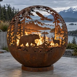 Sapphire 34 West Coast Wildlife Fire Sphere Corten steel fire sphere with laser-cut bears, deer and forest wildlife scene - TrussMetal Sapphire 34
