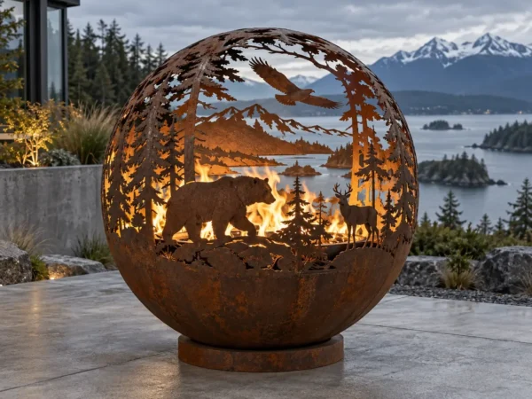Sapphire 34 West Coast Wildlife Fire Sphere Corten steel fire sphere with laser-cut bears, deer and forest wildlife scene - TrussMetal Sapphire 34