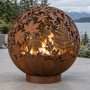 Sapphire 35 Leaf Fire Sphere Corten steel fire sphere with a laser-cut leaf and foliage pattern - TrussMetal Sapphire 35