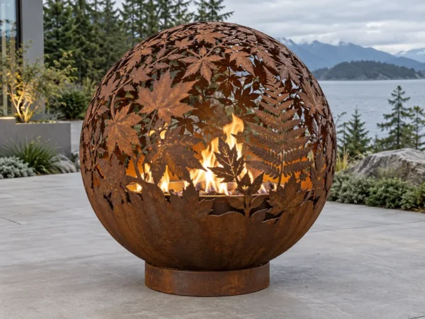 Sapphire 35 Leaf Fire Sphere Corten steel fire sphere with a laser-cut leaf and foliage pattern - TrussMetal Sapphire 35