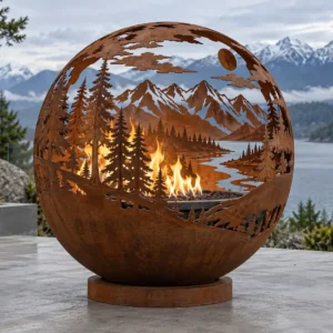 Sapphire 36 Mountain Fire Sphere Corten steel fire sphere with a laser-cut mountain, lake and forest scene - TrussMetal Sapphire 36