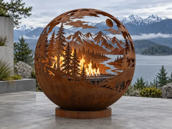 Sapphire 36 Mountain Fire Sphere Corten steel fire sphere with a laser-cut mountain, lake and forest scene - TrussMetal Sapphire 36