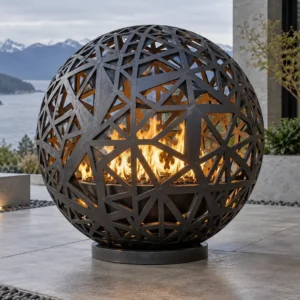 Dark steel fire sphere with an open geometric triangular lattice - TrussMetal Sapphire 37