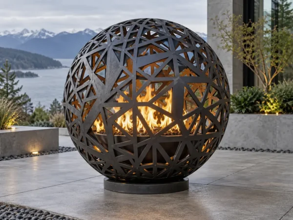 Sapphire 37 Modern Geometric Fire Sphere Dark steel fire sphere with an open geometric triangular lattice - TrussMetal Sapphire 37