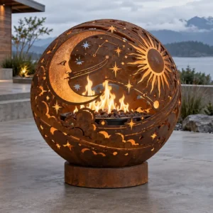Corten steel fire sphere with a laser-cut celestial moon, sun and stars pattern - TrussMetal Sapphire 38