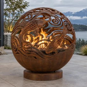 Corten steel fire sphere with a laser-cut koi fish and water pattern - TrussMetal Sapphire 39