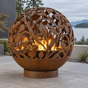 Corten steel fire sphere with an intricate laser-cut floral pattern - TrussMetal Sapphire 40
