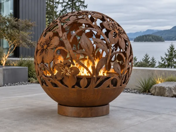 Corten steel fire sphere with an intricate laser-cut floral pattern - TrussMetal Sapphire 40
