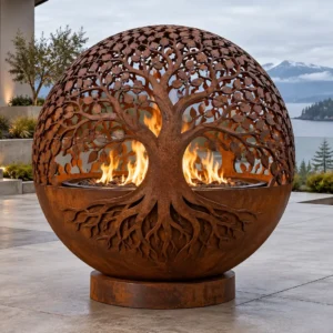 Corten steel fire sphere with a laser-cut Tree of Life motif - TrussMetal Sapphire 41
