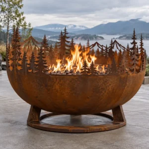 Open Corten steel fire bowl with a laser-cut forest tree-line silhouette rim - TrussMetal Sapphire 42