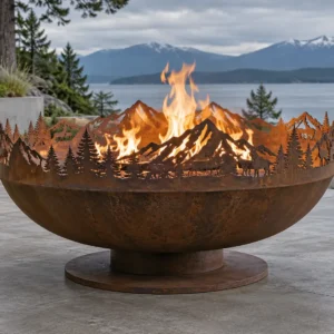 Open Corten steel fire bowl with a laser-cut mountain-ridge silhouette rim - TrussMetal Sapphire 43