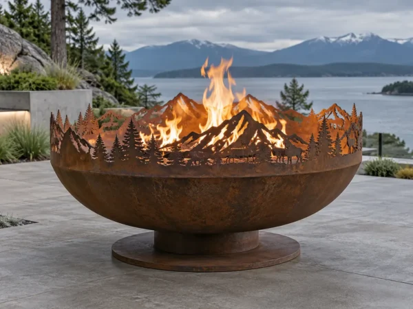 Sapphire 43 Mountain Ridge Fire Bowl Open Corten steel fire bowl with a laser-cut mountain-ridge silhouette rim - TrussMetal Sapphire 43