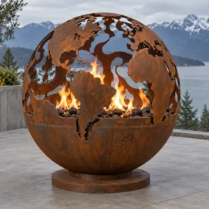 Corten steel fire sphere cut as a world globe with continents - TrussMetal Sapphire 44