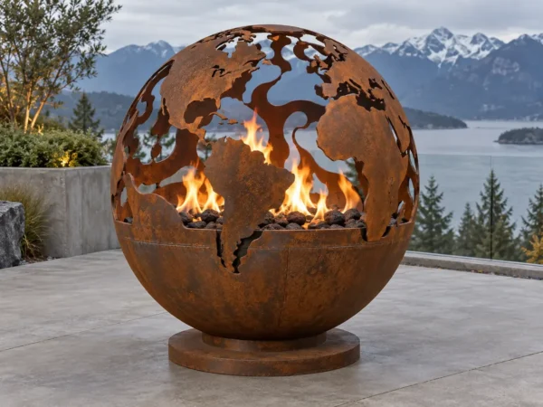Corten steel fire sphere cut as a world globe with continents - TrussMetal Sapphire 44