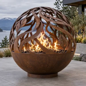 Corten steel signature sculptural fire sphere with a botanical relief - TrussMetal Sapphire 45