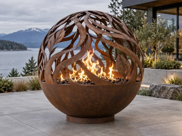 Corten steel signature sculptural fire sphere with a botanical relief - TrussMetal Sapphire 45