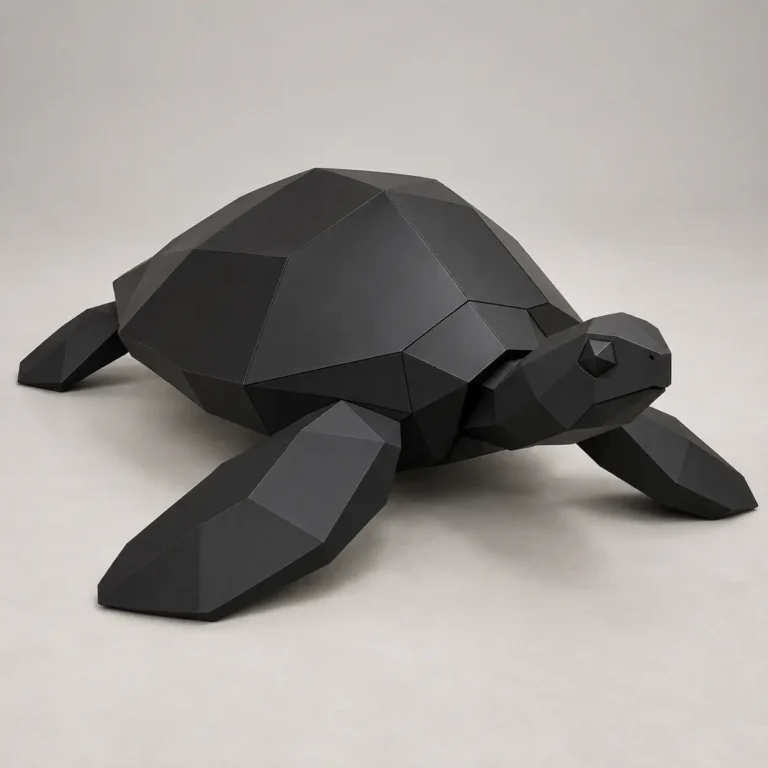 Geometric black metal sea turtle sculpture with its flippers spread