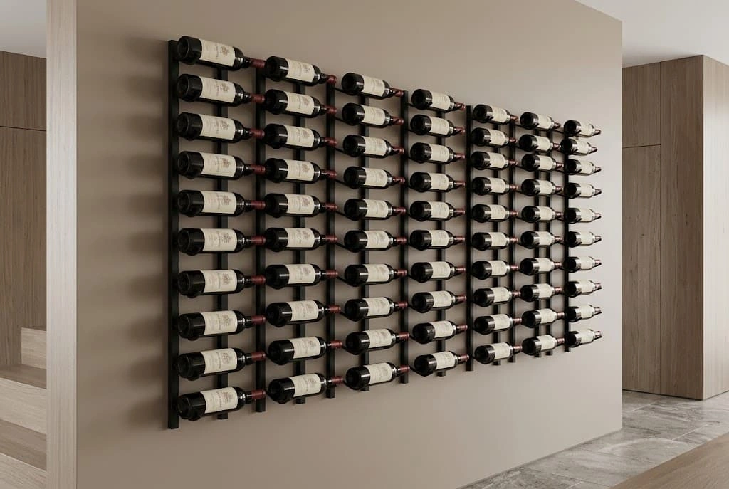 Wall-mounted black metal wine display with horizontal label-forward bottles