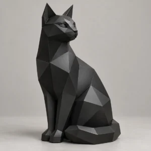 Geometric matte black metal cat sculpture sitting upright with its tail wrapped around its paws