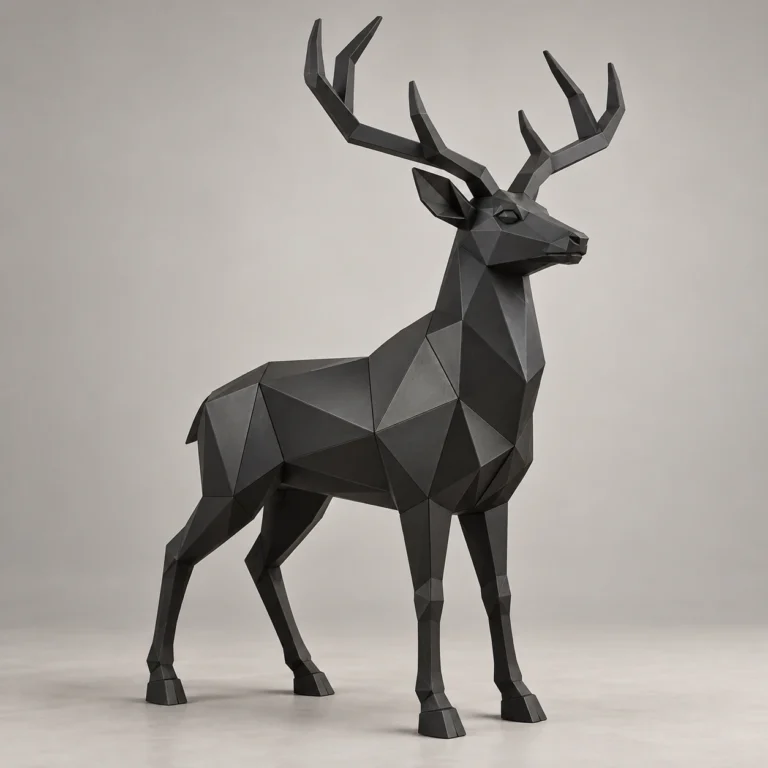 Geometric black metal stag sculpture standing with branching antlers