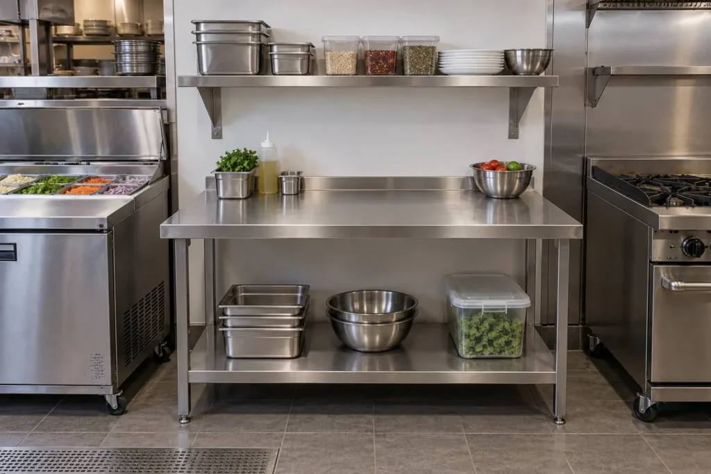 Stainless steel prep table with an undershelf in a commercial kitchen