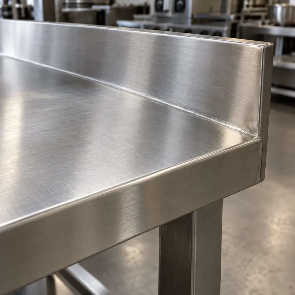 Close-up of the brushed stainless steel corner and backsplash of a work table