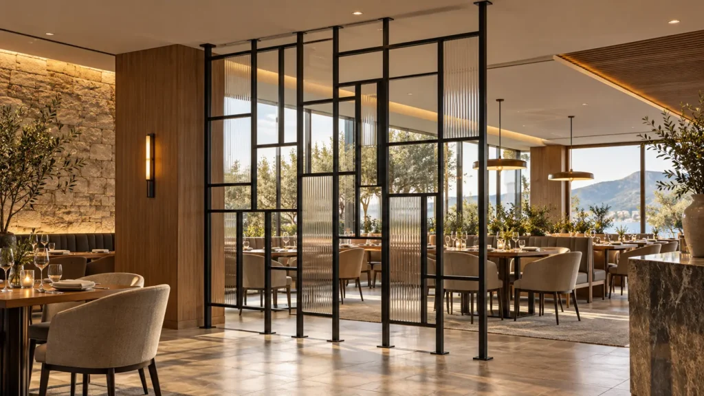 Black steel and glass partition dividing a restaurant dining room
