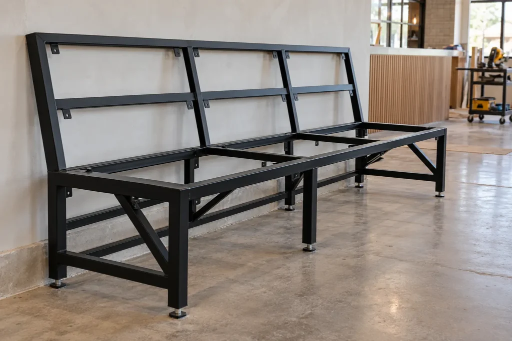 Black steel banquette bench frame ready for upholstery