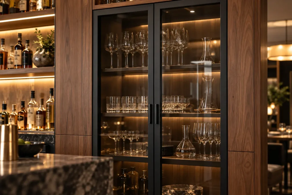 Black steel-framed glass cabinet doors on a bar back display