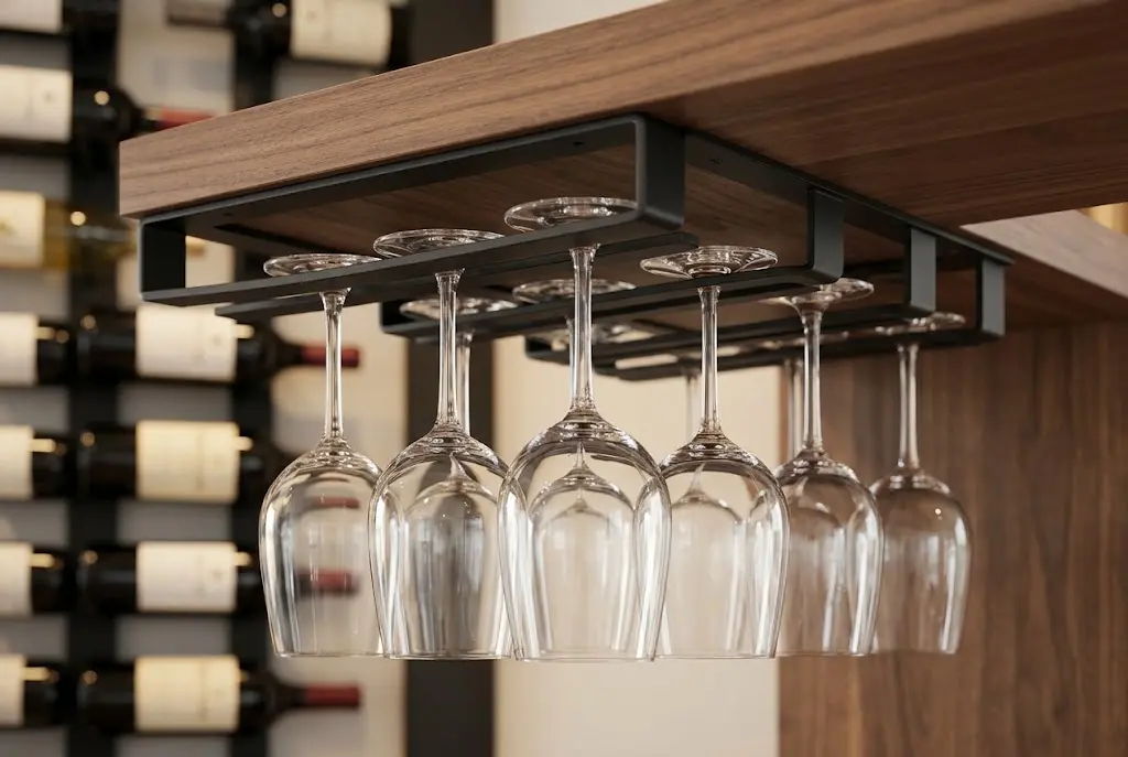 Black metal stemware channel holding wine glasses beneath a floating shelf