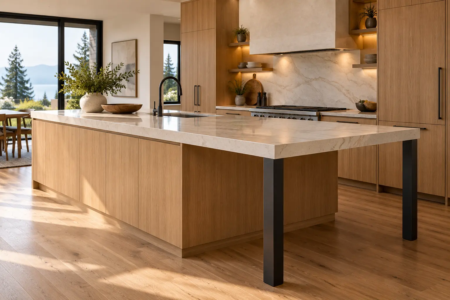 Kitchen island with a stone countertop carried on a black steel support frame and leg